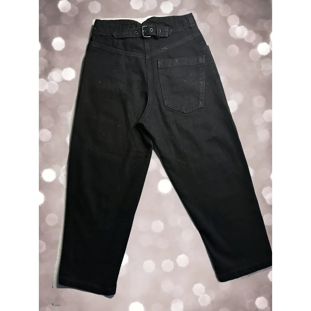 ZARA Black Denim Cropped Wide Leg Jeans Front Zip Belted‎ Waist